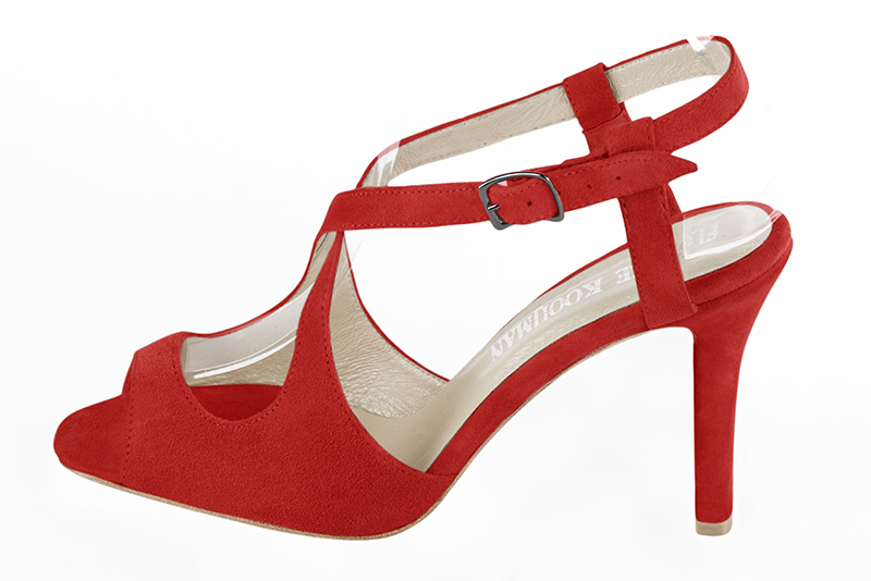 Cardinal red women's open back sandals, with crossed straps. Round toe. High slim heel. Profile view - Florence KOOIJMAN